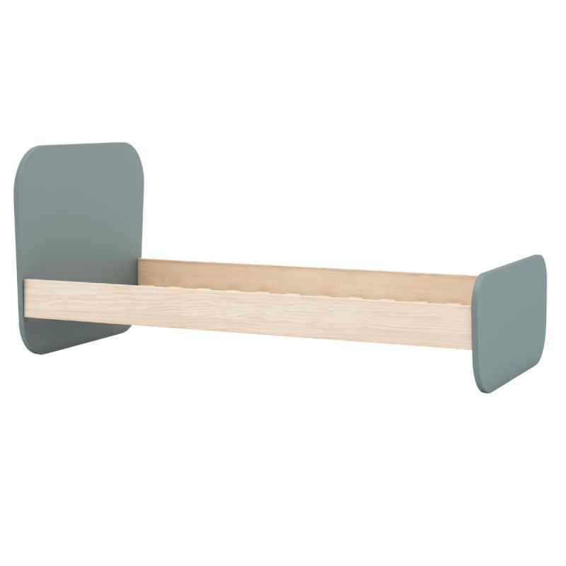 Lit 90x190 tête et pied de lit arrondis en pin massif naturel et MDF laqué vert kaki- KAINA