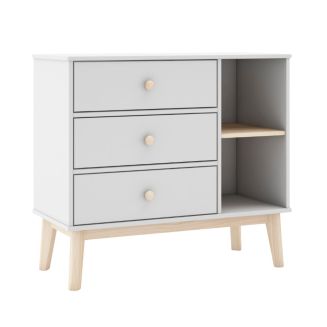 Commode 2 tiroirs et 2 niches en pin massif et MDF laqué blanc et naturel - KAINA