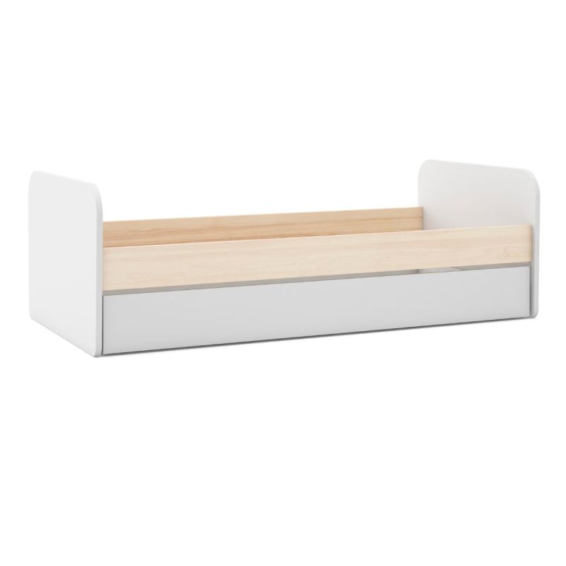 Lit 90x190 avec tiroir tête et pied de lit arrondis en pin massif naturel et MDF laqué blanc - KAINA