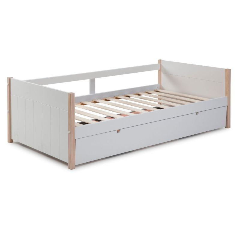 Lit banquette gigogne 90x190 en MDF laqué blanc et pin massif naturel - LILY