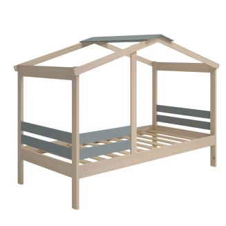 Lit cabane 90x190 avec barrière en pin massif naturel et MDF laqué vert kaki - MESSA