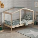 Lit cabane 90x190 avec barrière en pin massif naturel et MDF laqué vert kaki - MESSA