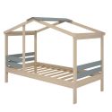 Lit cabane 90x190 avec barrière en pin massif naturel et MDF laqué vert kaki - MESSA