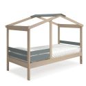 Lit cabane 90x190 avec barrière en pin massif naturel et MDF laqué vert kaki - MESSA