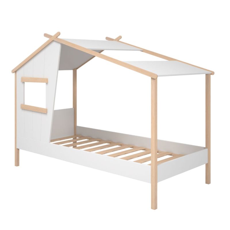 Lit maison 90x190 avec fenêtre en pin massif naturel et MDF laqué blanc - LUBINA