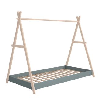 Lit tipi 90x200cm hauteur réglable en MDF laqué vert kaki et pin massif naturel - KANOA