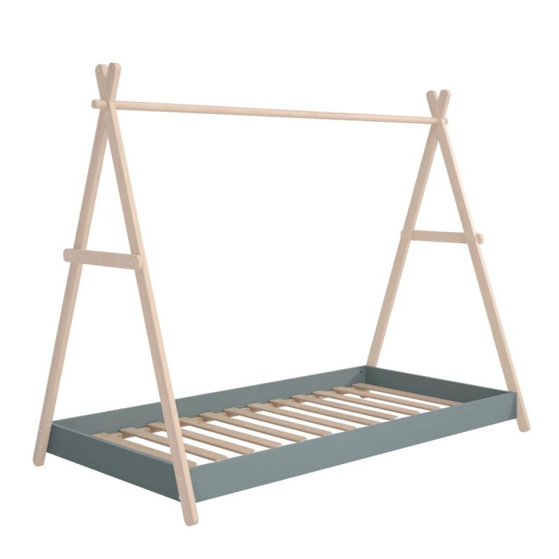 Lit tipi 90x200cm hauteur réglable en MDF laqué vert kaki et pin massif naturel - KANOA