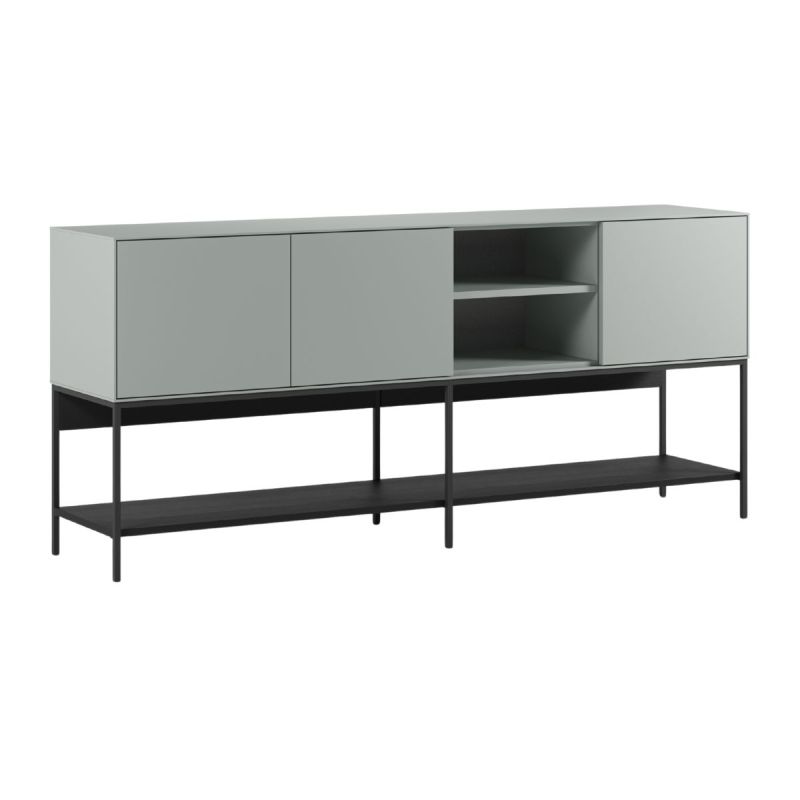 Buffet 3 portes 1 niches en mélaminé vert sauge et piètement avec étagère en métal laqué noir - MIRINA