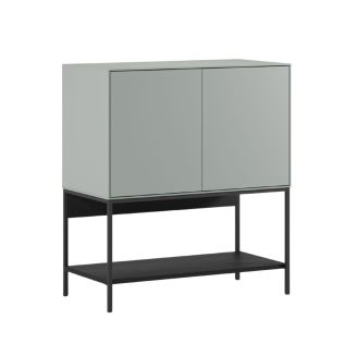 Meuble d'appoint 2 portes en mélaminé vert sauge et piètement avec étagère en métal laqué noir - MIRINA