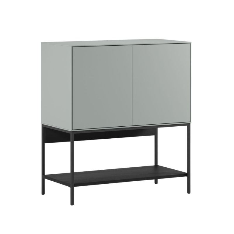 Meuble d'appoint 2 portes en mélaminé vert sauge et piètement avec étagère en métal laqué noir - MIRINA