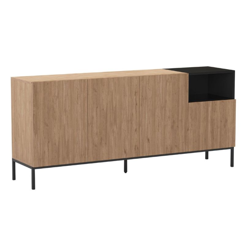 Buffet 4 portes 1 niche en mélaminé imitation bois et noir piètement métal laqué noir - CALLAS