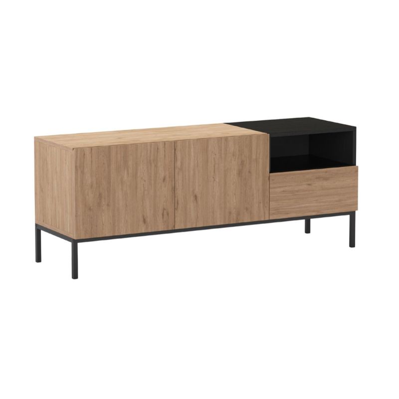 Meuble TV 2 portes en mélaminé mélaminé imitation bois et noir piètement métal laqué noir - CALLAS