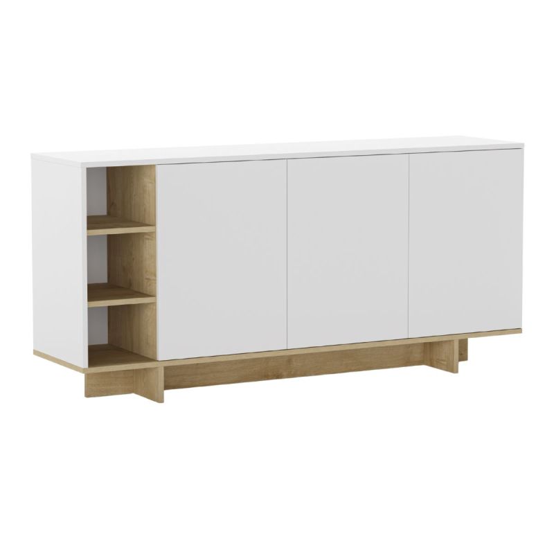 Buffet 3 portes 3 niches 170cm en mélaminé blanc et imitation bois - ESQUISSE