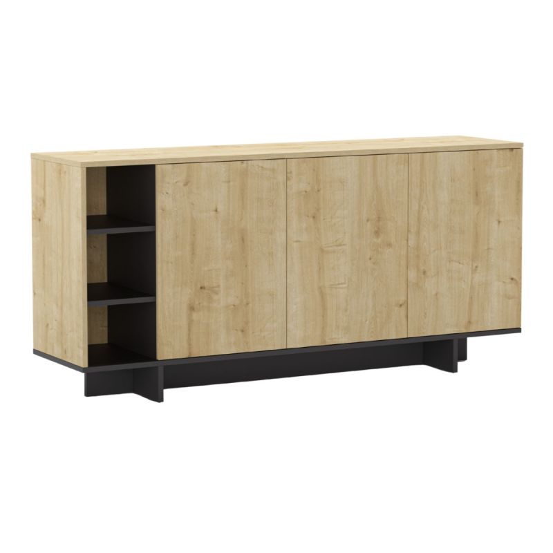 Buffet 3 portes 3 niches 170cm en mélaminé imitation bois et noir - ESQUISSE