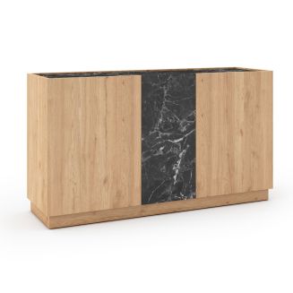 Buffet 3 portes 140cm en mélaminé imitation bois et marbre noir - ODALYS