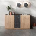 Buffet 3 portes 140cm en mélaminé imitation bois et marbre noir - ODALYS