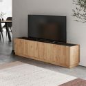 Meuble TV 4 portes 160cm en mélaminé imitation bois et marbre noir - ODALYS