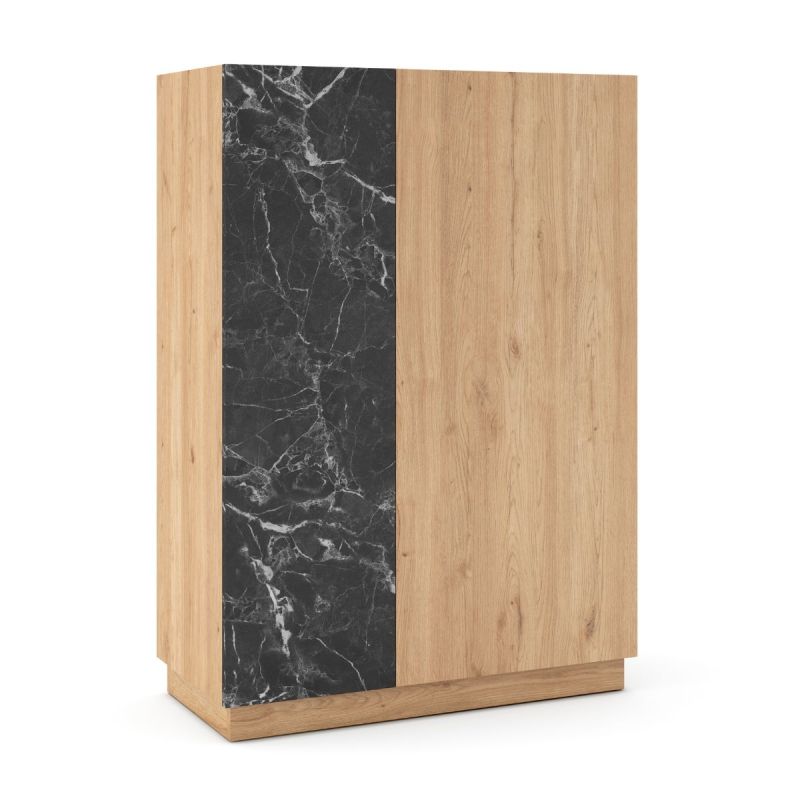 Meuble de rangement 2 portes en mélaminé imitation bois et marbre noir - ODALYS