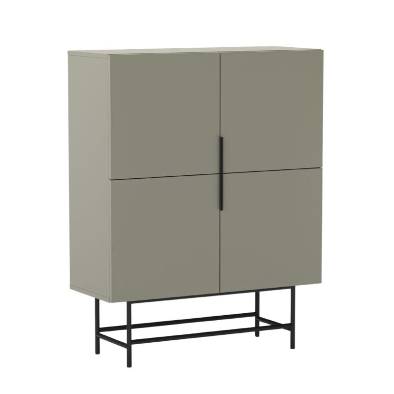Meuble de rangement 4 portes en mélaminé vert kaki et piètement et poignées en métal laqué noir - ALDINE