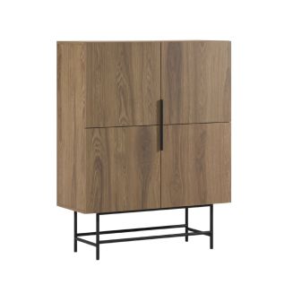 Meuble de rangement 4 portes en mélaminé imitation bois et piètement et poignées en métal laqué noir - ALDINE