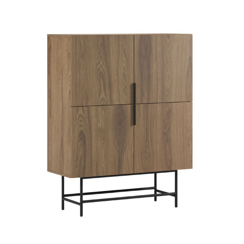 Meuble de rangement 4 portes en mélaminé imitation bois et piètement et poignées en métal laqué noir - ALDINE