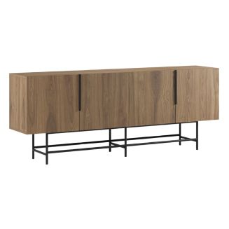 Buffet 4 portes en mélaminé imitation bois et piètement et poignées en métal laqué noir - ALDINE