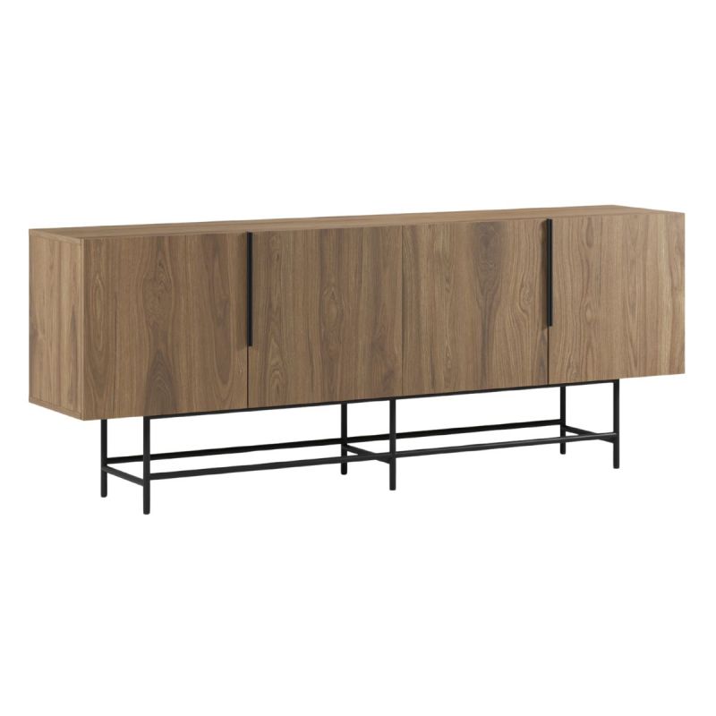 Buffet 4 portes en mélaminé imitation bois et piètement et poignées en métal laqué noir - ALDINE