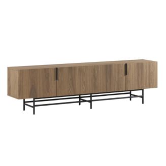 Meuble TV 4 portes en mélaminé imitation bois et piètement et poignées en métal laqué noir - ALDINE