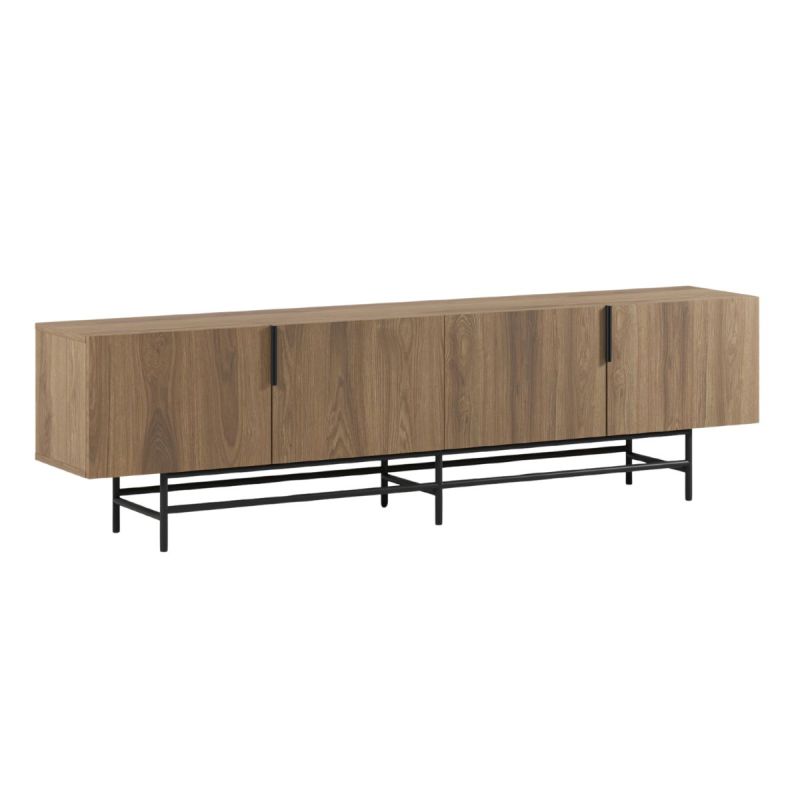 Meuble TV 4 portes en mélaminé imitation bois et piètement et poignées en métal laqué noir - ALDINE