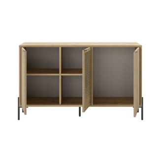 Buffet 3 portes en mélaminé imitation bois clair avec 1 porte sculptée piètement métal noir - MELISSA