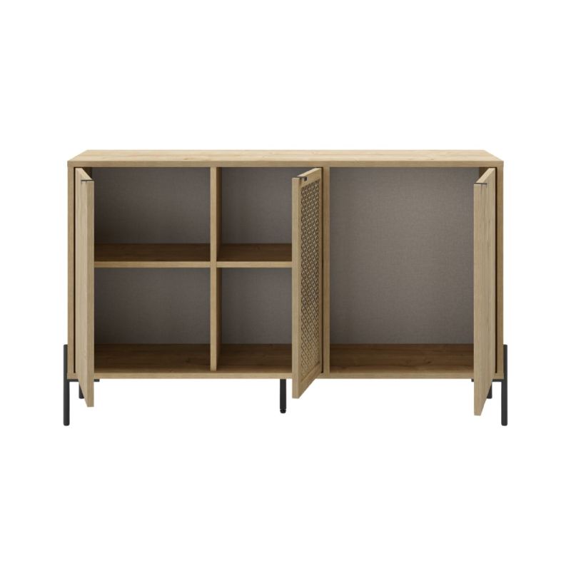 Buffet 3 portes en mélaminé imitation bois clair avec 1 porte sculptée piètement métal noir - MELISSA