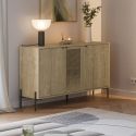 Buffet 3 portes en mélaminé imitation bois clair avec 1 porte sculptée piètement métal noir - MELISSA