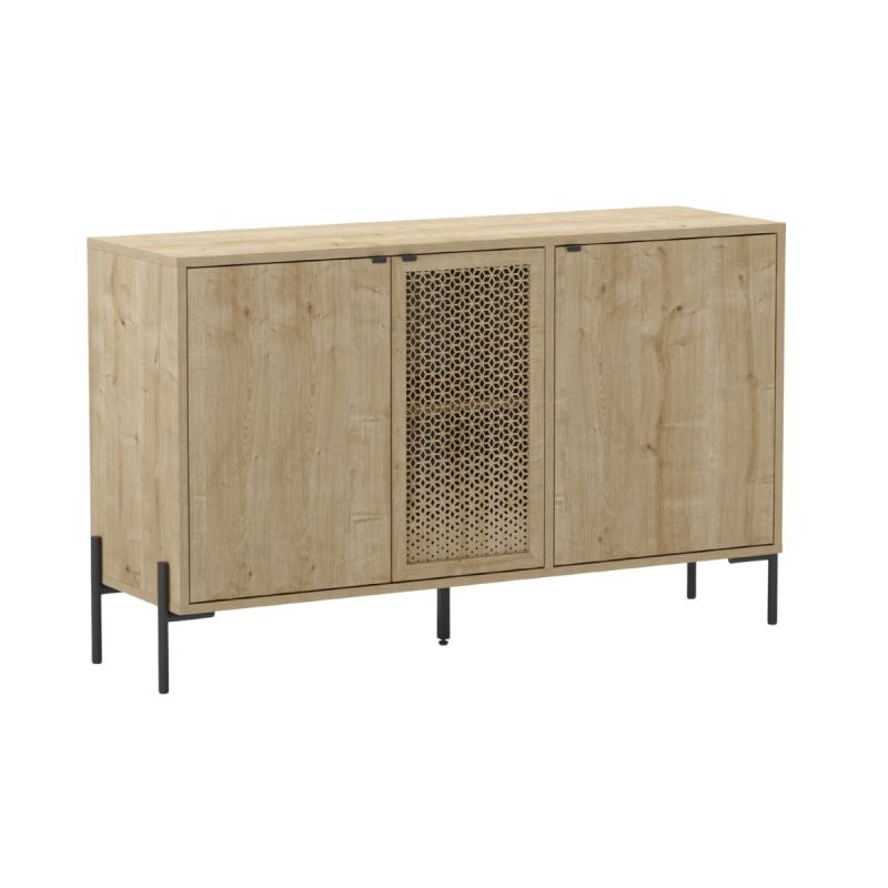 Buffet 3 portes en mélaminé imitation bois clair avec 1 porte sculptée piètement métal noir - MELISSA