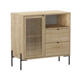 Meuble de rangement 1 porte 2 tiroirs en mélaminé imitation bois clair avec 1 porte sculptée piètement métal noir - MELISSA
