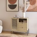 Meuble de rangement 1 porte 2 tiroirs en mélaminé imitation bois clair avec 1 porte sculptée piètement métal noir - MELISSA