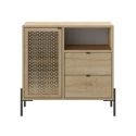 Meuble de rangement 1 porte 2 tiroirs en mélaminé imitation bois clair avec 1 porte sculptée piètement métal noir - MELISSA