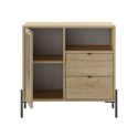 Meuble de rangement 1 porte 2 tiroirs en mélaminé imitation bois clair avec 1 porte sculptée piètement métal noir - MELISSA