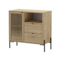 Meuble de rangement 1 porte 2 tiroirs en mélaminé imitation bois clair avec 1 porte sculptée piètement métal noir - MELISSA