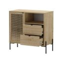 Meuble de rangement 1 porte 2 tiroirs en mélaminé imitation bois clair avec 1 porte sculptée piètement métal noir - MELISSA