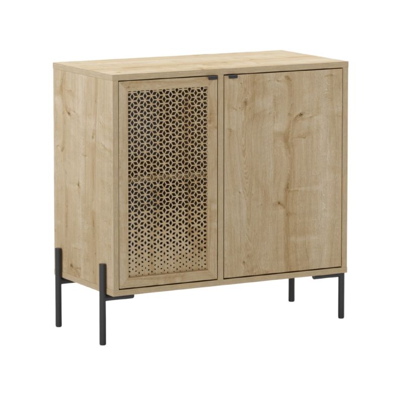 Meuble de rangement 2 portes en mélaminé imitation bois clair avec 1 porte sculptée piètement métal noir - MELISSA