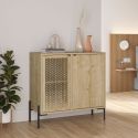 Meuble de rangement 2 portes en mélaminé imitation bois clair avec 1 porte sculptée piètement métal noir - MELISSA