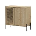 Meuble de rangement 2 portes en mélaminé imitation bois clair avec 1 porte sculptée piètement métal noir - MELISSA