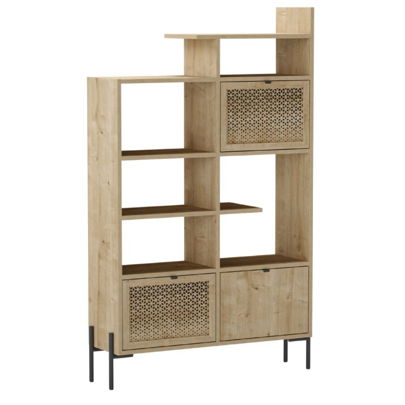 Etagère bibliothèque 3 portes en mélaminé imitation bois clair avec 2 portes sculptées piètement métal noir - MELISSA