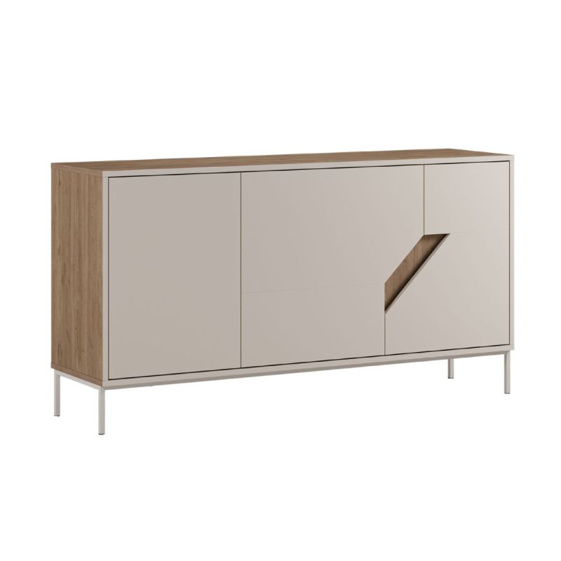 Buffet 3 portes 150cm en mélaminé beige et imitation bois avec découpe graphique oblique - ANOUK
