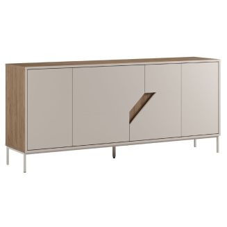 Buffet 4 portes 180cm en mélaminé beige et imitation bois avec découpe graphique oblique - ANOUK