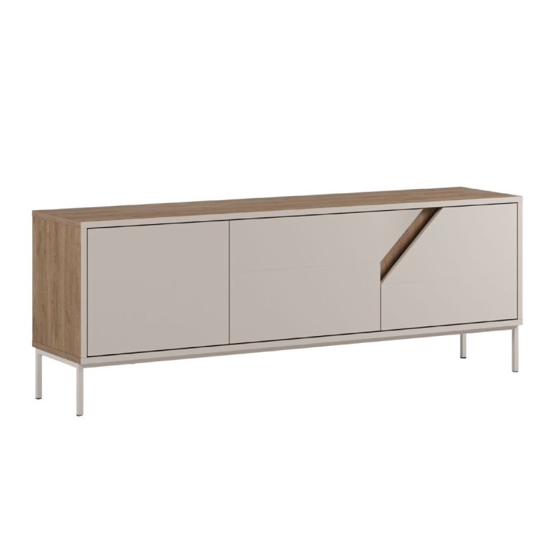 Meuble TV 3 portes 150cm en mélaminé beige et imitation bois avec découpe graphique oblique - ANOUK