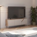 Meuble TV 3 portes 150cm en mélaminé beige et imitation bois avec découpe graphique oblique - ANOUK