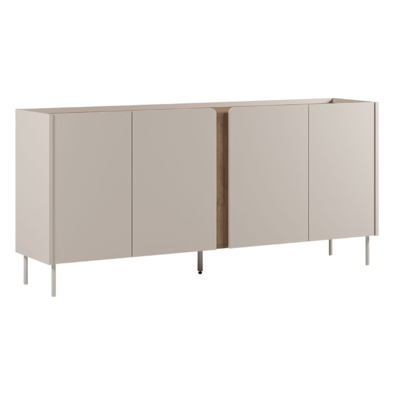 Buffet 4 portes 180cm en mélaminé beige et imitation bois avec découpe graphique bandeau - LIWENN