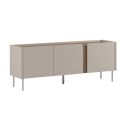 Meuble TV 3 portes 140cm en mélaminé beige et imitation bois avec découpe graphique bandeau - LIWENN