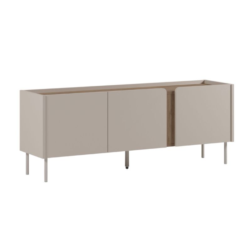 Meuble TV 3 portes 140cm en mélaminé beige et imitation bois avec découpe graphique bandeau - LIWENN
